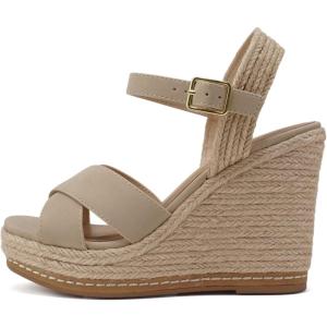 Soda MELANY ~ Women Open Toe Crisscross Two Bands Upper Ankle Strap High Heel Espadrille Wedge Sandal(Blond Nubuck)