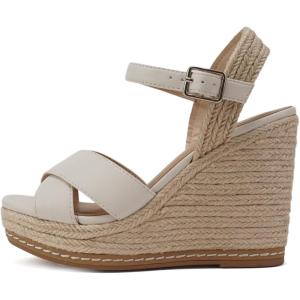 Soda MELANY ~ Women Open Toe Crisscross Two Bands Upper Ankle Strap High Heel Espadrille Wedge Sandal(Bone Pu)