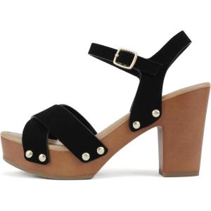 Soda MIGUEL ~ Women Crisscross Band Fashion Chunky Platform Block Mid Heel Sandal with Ankle Strap and Stud(Black Nubuck)