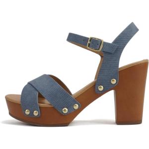 Soda MIGUEL ~ Women Crisscross Band Fashion Chunky Platform Block Mid Heel Sandal with Ankle Strap and Stud(Denim Blue Nubuck)