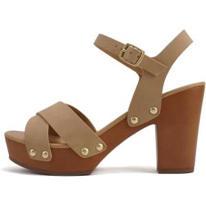 Soda MIGUEL ~ Women Crisscross Band Fashion Chunky Platform Block Mid Heel Sandal with Ankle Strap and Stud(Natural Nubuck)