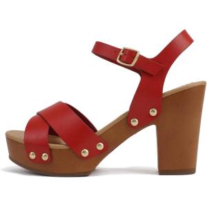 Soda MIGUEL ~ Women Crisscross Band Fashion Chunky Platform Block Mid Heel Sandal with Ankle Strap and Stud(Red Pu)