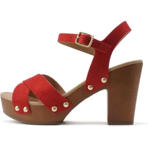 Soda MIGUEL ~ Women Crisscross Band Fashion Chunky Platform Block Mid Heel Sandal with Ankle Strap and Stud(Red Suede)