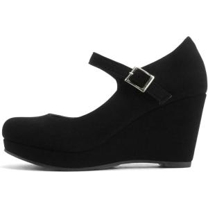 Soda Merry ~ Womens Mary Jane Strap Comfortable Platform Wedge Pump Heel Shoes (Wide Fit Available)(Black Nubuck)