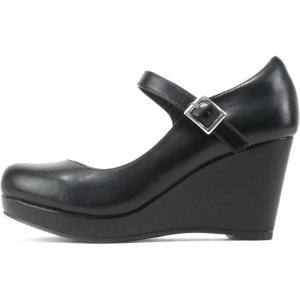 Soda Merry ~ Womens Mary Jane Strap Comfortable Platform Wedge Pump Heel Shoes (Wide Fit Available)(Black Pu)