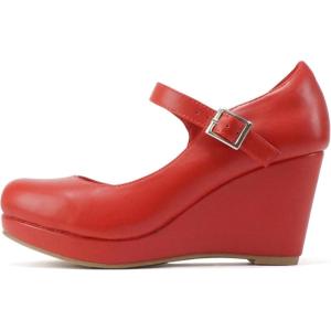 Soda Merry ~ Womens Mary Jane Strap Comfortable Platform Wedge Pump Heel Shoes (Wide Fit Available)(Red Pu)