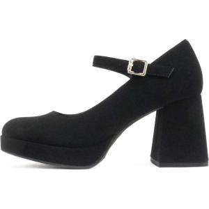 Soda “NOSTA” ~ Women Square Toe Mary Jane Platform High Chunky Flare Heel Pump Shoe with Adjustable Ankle Strap(Black Nubuck)