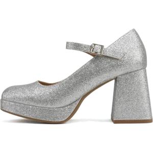 Soda “NOSTA” ~ Women Square Toe Mary Jane Platform High Chunky Flare Heel Pump Shoe with Adjustable Ankle Strap(Silver Glitter)
