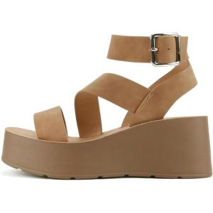 Soda “Newday” ~ Women Square Toe Multi Strap Low Heel Wedge Sandal with Adjustable Ankle Strap(Tan Nubuck)