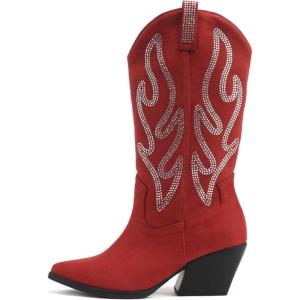 Soda “OZIE” ~ Women Pointed Toe Low Heel Rhinestone Mid-Calf Western Boot(Bright Red Suede)