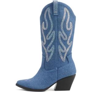 Soda “OZIE” ~ Women Pointed Toe Low Heel Rhinestone Mid-Calf Western Boot(Denim Blue)