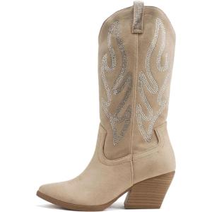 Soda “OZIE” ~ Women Pointed Toe Low Heel Rhinestone Mid-Calf Western Boot(Pale Camel Suede)