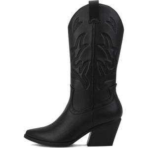 Soda Orville ~ Women Western Cowboy Stitched Pointe Toe Heel Ankle Mid Shaft Fashion Boots(Black Pu)