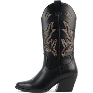 Soda Orville ~ Women Western Cowboy Stitched Pointe Toe Heel Ankle Mid Shaft Fashion Boots(Black Pu/Tan)