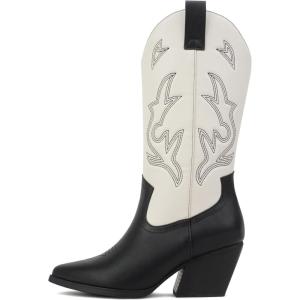 Soda Orville ~ Women Western Cowboy Stitched Pointe Toe Heel Ankle Mid Shaft Fashion Boots(Black/Off White Pu)
