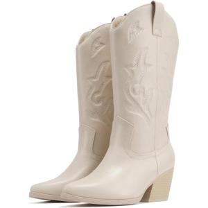 Soda Orville ~ Women Western Cowboy Stitched Pointe Toe Heel Ankle Mid Shaft Fashion Boots(Bone Pu)
