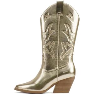Soda Orville ~ Women Western Cowboy Stitched Pointe Toe Heel Ankle Mid Shaft Fashion Boots(Dark Gold)