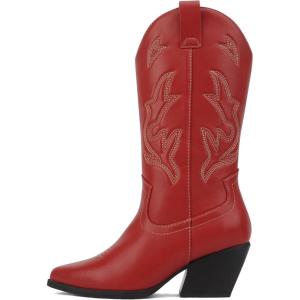 Soda Orville ~ Women Western Cowboy Stitched Pointe Toe Heel Ankle Mid Shaft Fashion Boots(Red Pu)