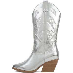 Soda Orville ~ Women Western Cowboy Stitched Pointe Toe Heel Ankle Mid Shaft Fashion Boots(Silver)