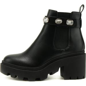 Soda PROFILE Women Lug Sole Mid Heel Chelsea Fashion Ankle Bootie w/Gleaming Studs(Black)