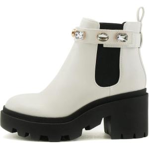 Soda PROFILE Women Lug Sole Mid Heel Chelsea Fashion Ankle Bootie w/Gleaming Studs(White)