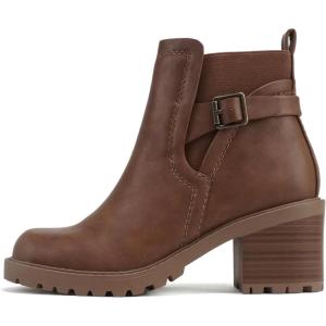 Soda “PUGGLE” ~ Women Round Toe Elastic Gore Belted Strap Lug Sole Low Heel Ankle Boot with Side Zipper(Cognac Pu)