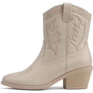 Soda Picotee Women Western Cowboy Cowgirl Stitched Ankle Boots(Bone Pu)