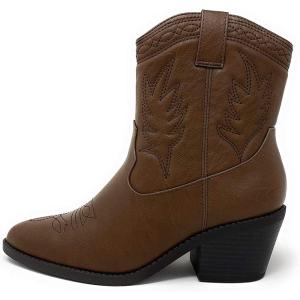 Soda Picotee Women Western Cowboy Cowgirl Stitched Ankle Boots(Dk Tan Pu)