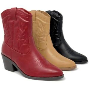 Soda Picotee Women Western Cowboy Cowgirl Stitched Ankle Boots(Red Pu)