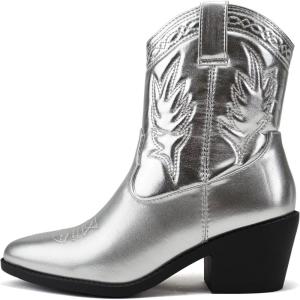 Soda Picotee Women Western Cowboy Cowgirl Stitched Ankle Boots(Silver Metallic Pu)