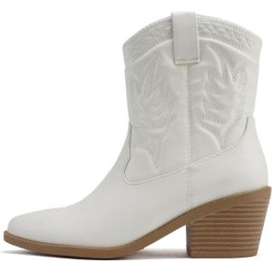 Soda Picotee Women Western Cowboy Cowgirl Stitched Ankle Boots(White Pu)