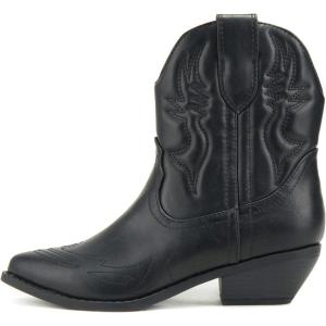 Soda RIGGING ~ Women Western Stitched Pointe Toe Low Heel Ankle Mid Shaft Boots(Black)