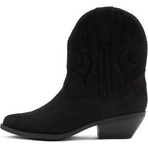Soda RIGGING ~ Women Western Stitched Pointe Toe Low Heel Ankle Mid Shaft Boots(Black Imit Suede)