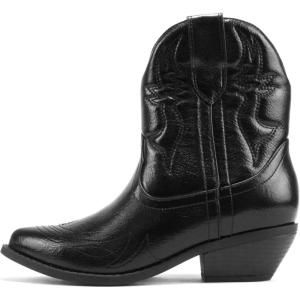 Soda RIGGING ~ Women Western Stitched Pointe Toe Low Heel Ankle Mid Shaft Boots(Black Metallic)