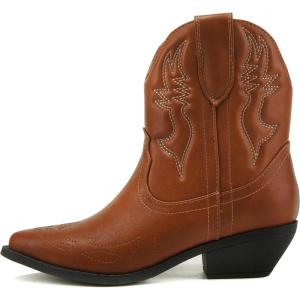 Soda RIGGING ~ Women Western Stitched Pointe Toe Low Heel Ankle Mid Shaft Boots(Cognac)