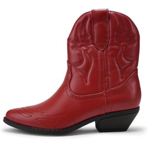 Soda RIGGING ~ Women Western Stitched Pointe Toe Low Heel Ankle Mid Shaft Boots(Dk Red Pu)