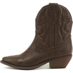 Soda RIGGING ~ Women Western Stitched Pointe Toe Low Heel Ankle Mid Shaft Boots(Dk-tan)