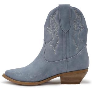 Soda RIGGING ~ Women Western Stitched Pointe Toe Low Heel Ankle Mid Shaft Boots(Du-blue Nubuck)