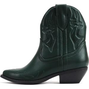 Soda RIGGING ~ Women Western Stitched Pointe Toe Low Heel Ankle Mid Shaft Boots(Green Pu)