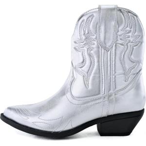 Soda RIGGING ~ Women Western Stitched Pointe Toe Low Heel Ankle Mid Shaft Boots(Silver)
