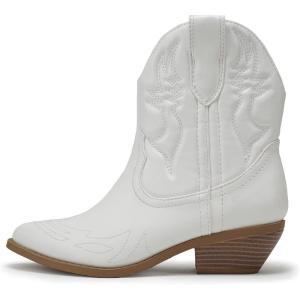 Soda RIGGING ~ Women Western Stitched Pointe Toe Low Heel Ankle Mid Shaft Boots(White)