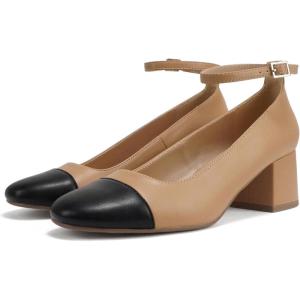 Soda “Roxana” ~ Women Round Cap Toe Low Block Heel Pump Shoe with Adjustable Ankle Strap(Camel Pu/Black)
