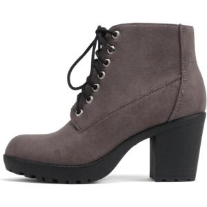 Soda Second Lug Sole Chunky Heel Combat Ankle Bootie Lace up w/Side Zipper(Charcoal Grey Suede)