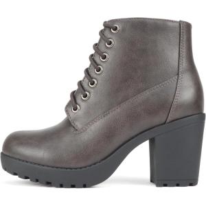Soda Second Lug Sole Chunky Heel Combat Ankle Bootie Lace up w/Side Zipper(Grey Pu)