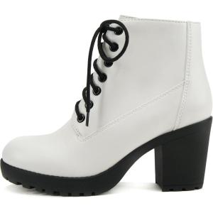 Soda Second Lug Sole Chunky Heel Combat Ankle Bootie Lace up w/Side Zipper(White Pu)