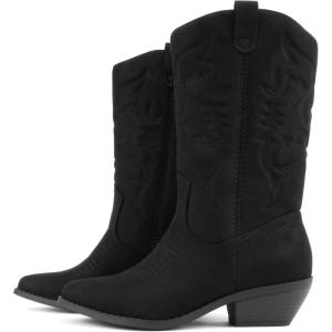 Soda “TELLER” ~ Women’s Western Cowboy Boots with Stitched Detailing, Pointed Toe, and Low Block Heel(R-blk Imit Suede)