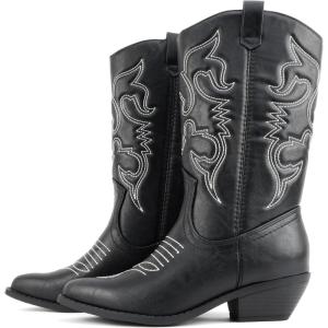 Soda “TELLER” ~ Women’s Western Cowboy Boots with Stitched Detailing, Pointed Toe, and Low Block Heel(R-blk/Wht)