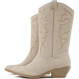 Soda “TELLER” ~ Women’s Western Cowboy Boots with Stitched Detailing, Pointed Toe, and Low Block Heel(R-cobra/Nude)