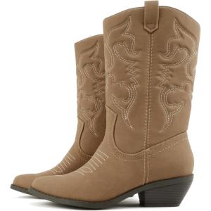 Soda “TELLER” ~ Women’s Western Cowboy Boots with Stitched Detailing, Pointed Toe, and Low Block Heel(R-dk Tan Nubuck)