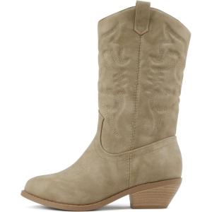 Soda “TELLER” ~ Women’s Western Cowboy Boots with Stitched Detailing, Pointed Toe, and Low Block Heel(R-lt Taupe)